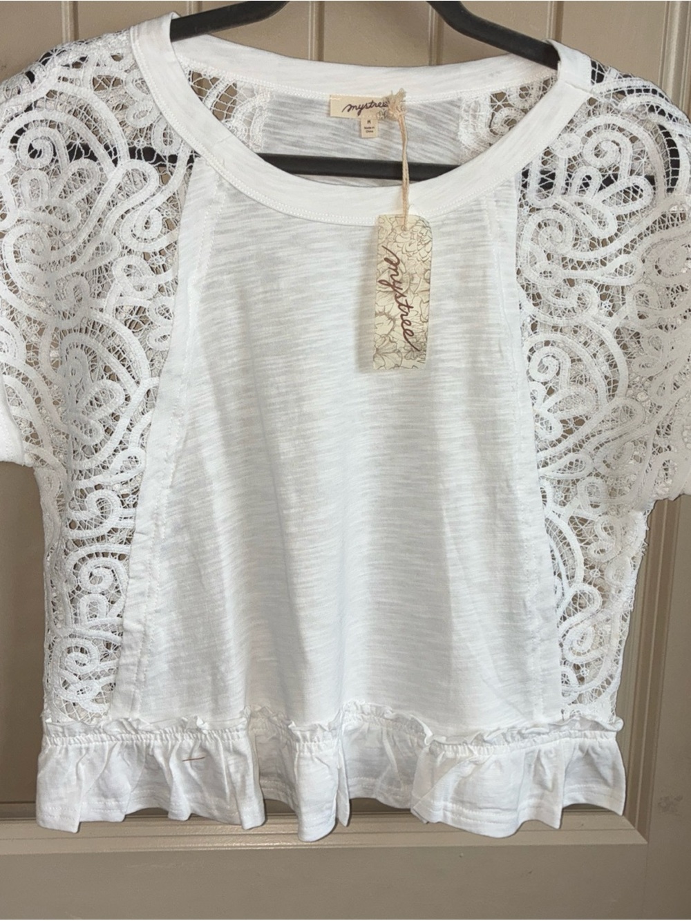 Mystree White Lace Sleeve Ruffle Hem Top